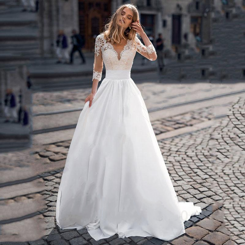 TIXLEAR Elegant Boho Lace Wedding Dress Women 2022 with 3/4 Sleeves Modern Bridal Beach Satin Simple Gowns Vestido De Noiva