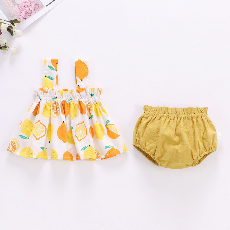 طفل الفتيات 100% القطن الصيف كوريا الجنوبية الملابس فستان قصير + PP السراويل 2 قطعة مجموعة الرضع ملابس الموضة طباعة الطفل لفتاة