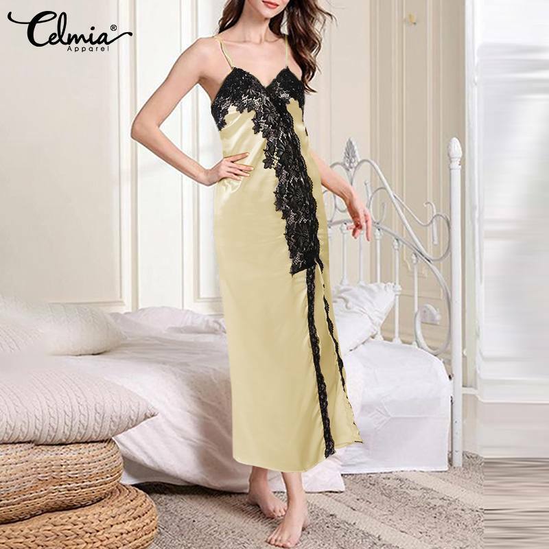 Celmia sexy feminino midi camisola elegante cetim cintas de espaguete com decote em v vestido de sono casual rendas retalhos hem fenda sleep robe
