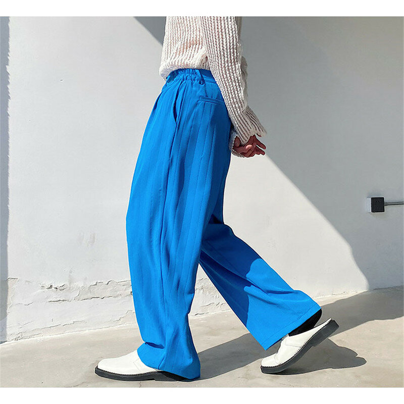 Calças casuais soltas azul listrado desinger calças juventude homem ternos calças cintura elástica lado ajustável bottoms coreano roupas masculinas