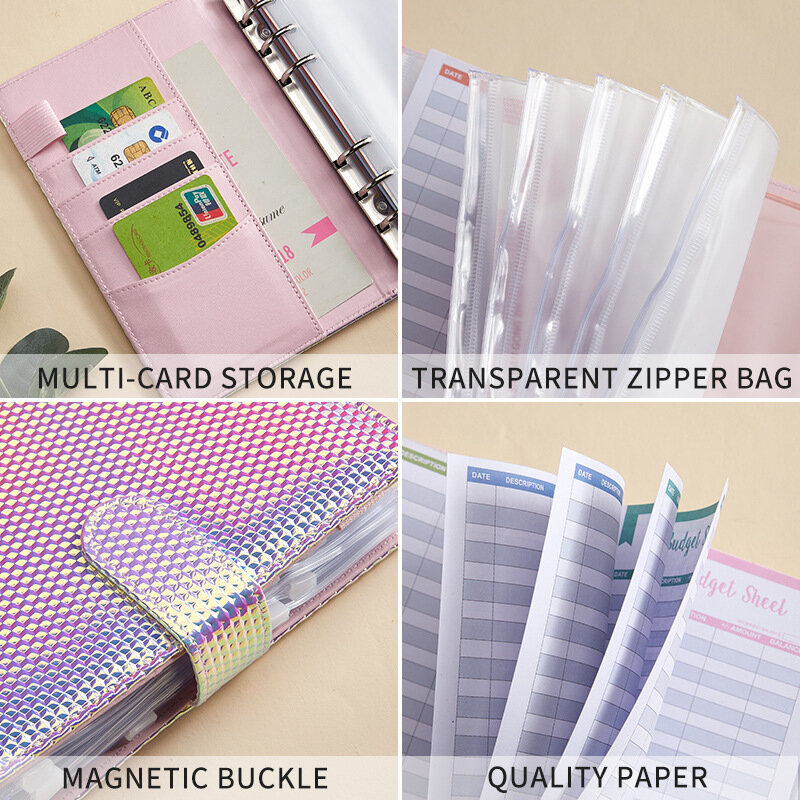 A6 Binder Budget PU Leather Planner Pocket Cost Budget Sheet Notebook Cash Envelope Money Organizer System dengan Clear Zipper