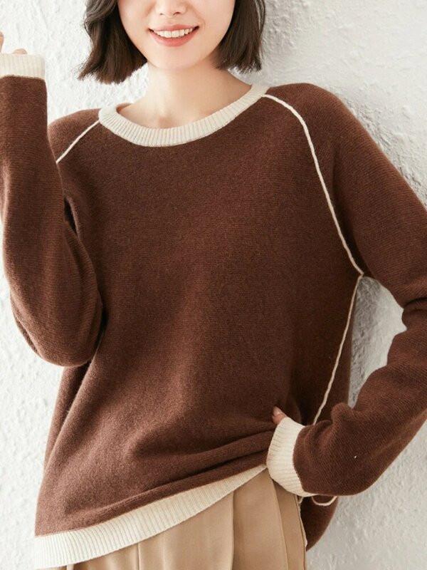 Suéter de lana de diseño Simple para mujer, Tops de punto holgados con cuello redondo, camisa de fondo a la moda de alta calidad, básico para Otoño e Invierno