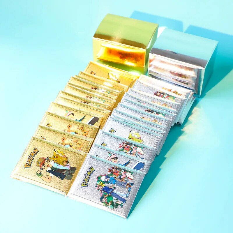 Gorąca sprzedaż Pokemon złota karta wersja angielska/Español bez powtórzeń czarny złoty metalowy karta kolekcji dzieci prezent na boże narodzenie