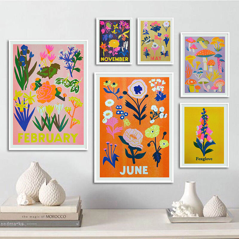 버섯 마멀레이드 식초 수 8 월 꽃 폭스 글로브 벽 아트 캔버스 회화 북유럽 포스터 인쇄 사진 거실 장식