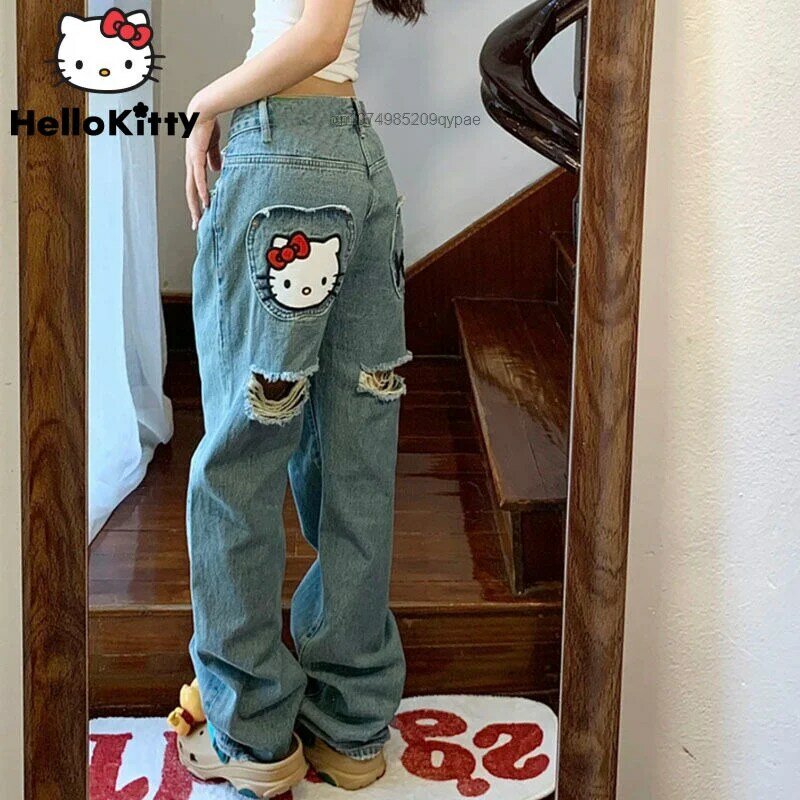Hello Kitty-Jeans taille haute pour femmes et filles, pantalons cargo décontractés, pantalons droits coréens, pantalons baggy, streetwear esthétique, FJJ, Y2K