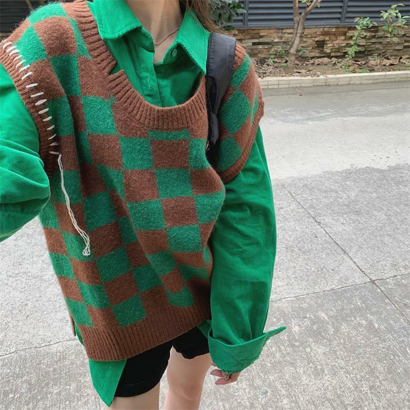 Checkerboard Plaid Sweater Vests 2022 Fashion All Match Streetwear Chic Korean Style Leisure Vintage Loose Knitwear Ulzzang Ins