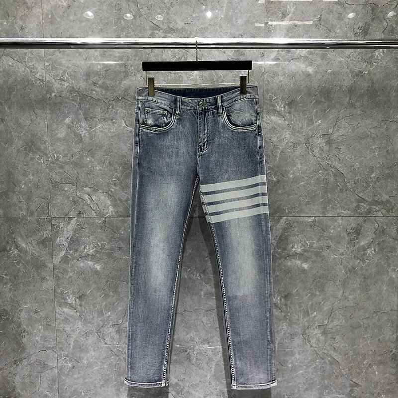 Tb thom jeans 2022 moda único breasted cadeias calças quatro estações de cintura alta lápis denim jeans marca luxo tb calças