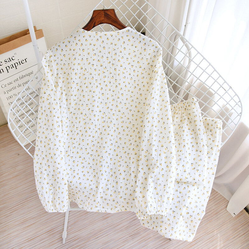 Frühling Herbst Damen V-ausschnitt Floral Pyjamas Langarm Hosen Set Baumwolle Crepe Große Größe Nachtwäsche Süße Nette Homewear Sets