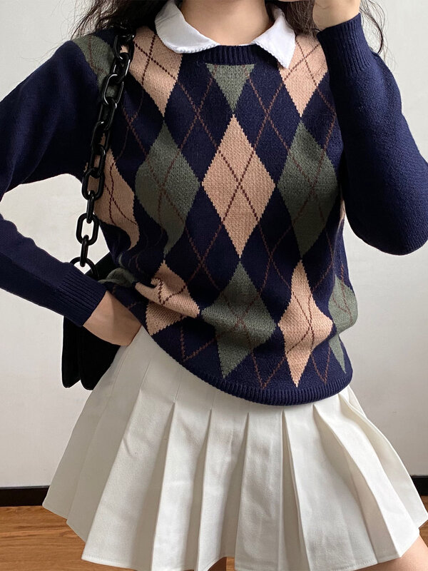 Женский свитер с длинным рукавом, повседневный вязаный хлопковый пуловер свободного покроя в уличном стиле с ромбовидной решеткой, винтажн...