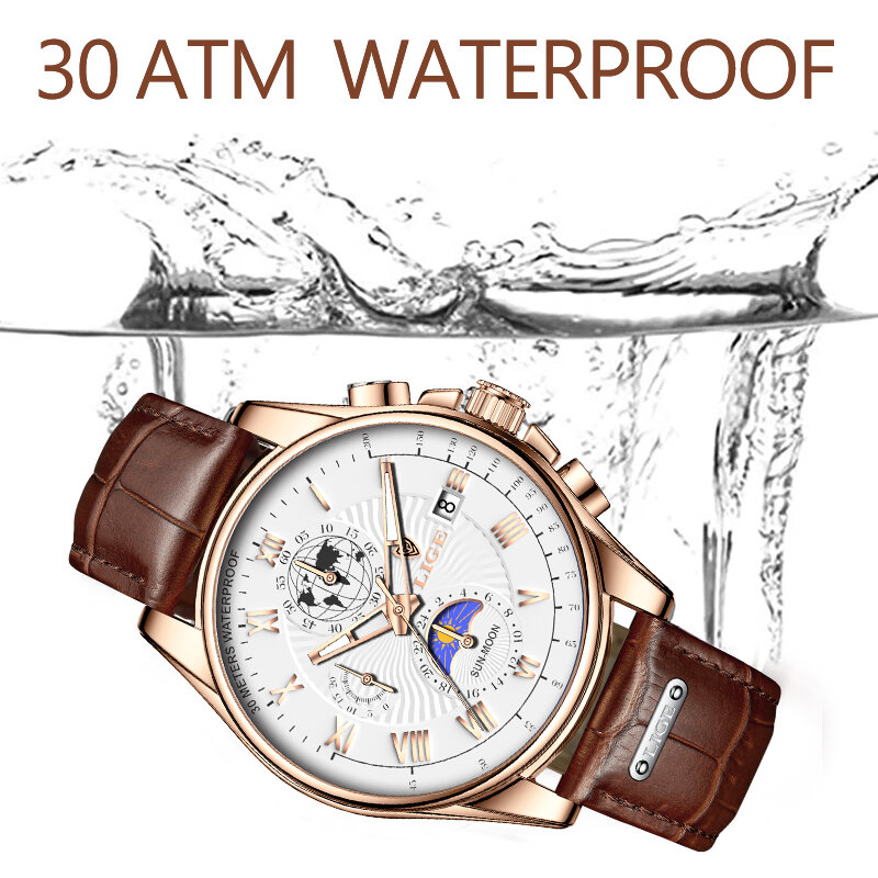 LIGE  New Men's Watch Big Dial Leather Band Date Mens Business  Army Male Watches Waterproof Luxuries Men Wrist Watches for Men