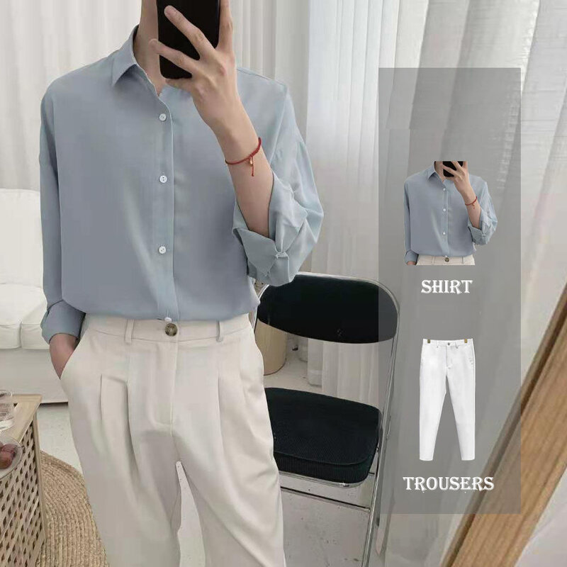 Camisa de seda Simple para hombre, camisas casuales sueltas de manga larga, Color sólido, diseñador de moda, conjuntos de estilo británico, Color azul niebla, nuevo