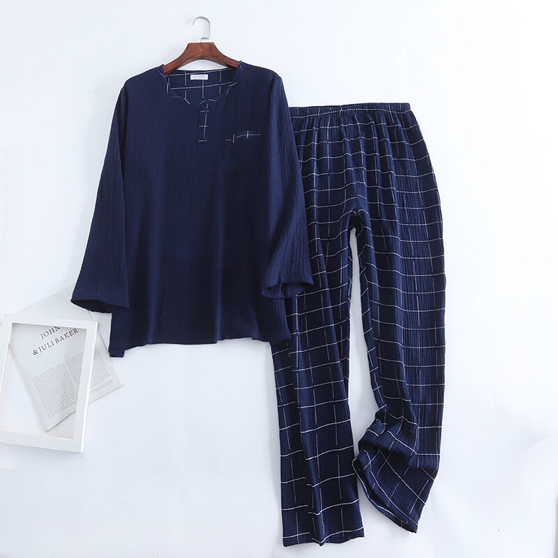 Crepe de manga comprida plus novo 100% tamanho redondo pescoço de duas peças e calças outono primavera loungewear algodão xadrez pijamas terno masculino