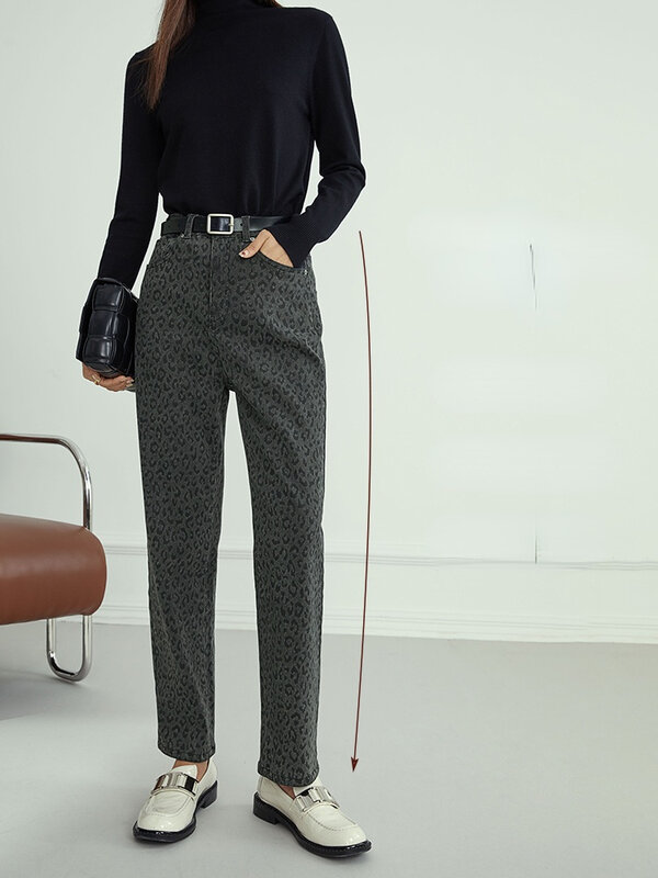 Fsle leopardo impressão preto reta jeans feminino outono inverno casual cintura alta calças de brim namorado feminino do vintage denim