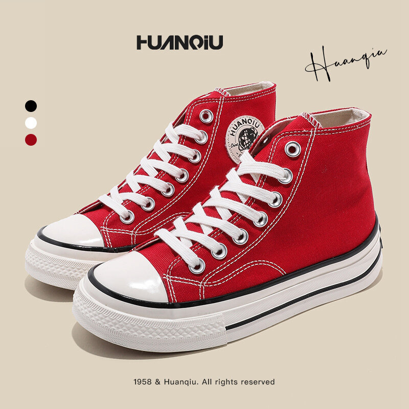 HUANQIU Summer 2022 New Niche Retro High Top Canvas Shoes Casual Port Style Small White Walking Shoes Women's Shoes Lace-up