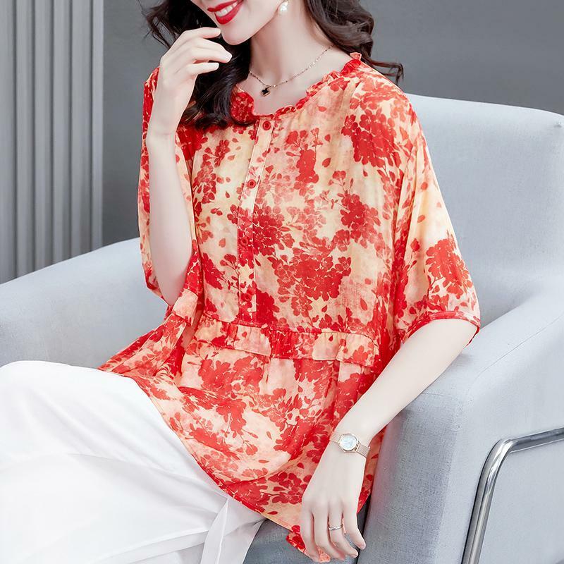 Chiffon blouse floral t-shirt women 2022 summer design small shirt fashion thin loose five-point sleeve o neck printed blouse