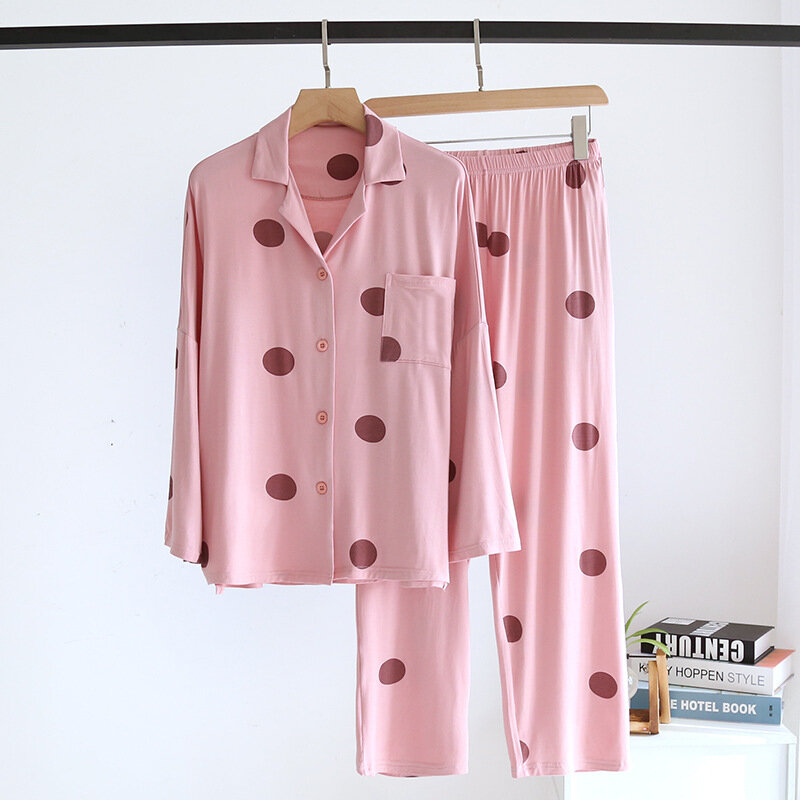 女性の夏のロングパジャマセット,家庭用の女性の夏のスーツ,ロングスリーブ,ピンクのドットプリント,非常に弾力性のあるパジャマ