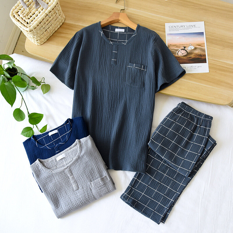 Crepe de manga comprida plus novo 100% tamanho redondo pescoço de duas peças e calças outono primavera loungewear algodão xadrez pijamas terno masculino