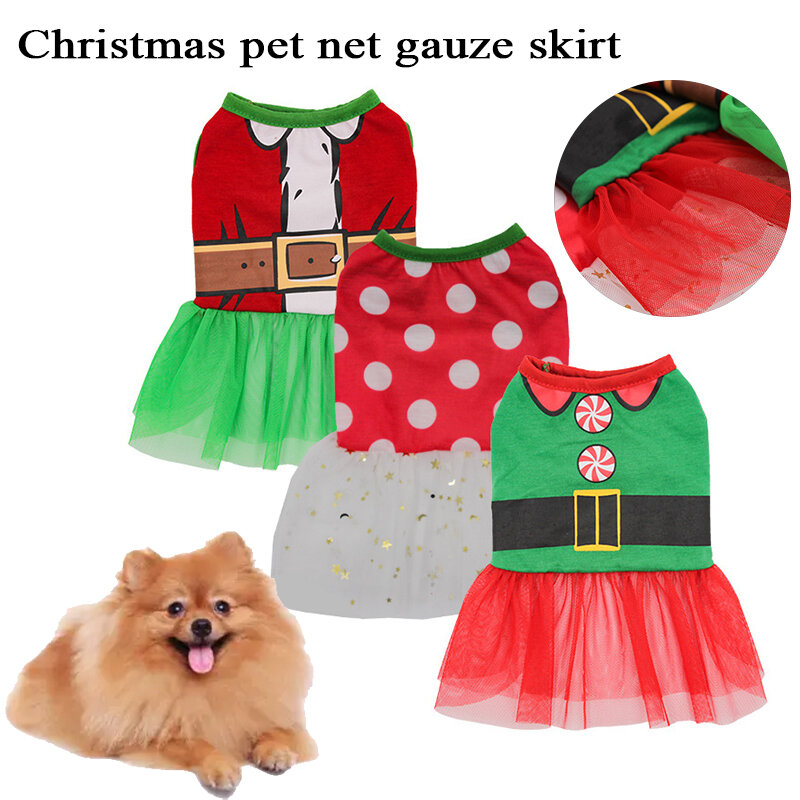 Vestido de Navidad para mascotas, capa de encaje, falda de malla, ropa con estampado de Papá Noel, perros y gatos pequeños, vestido de fiesta fino de verano para niñas