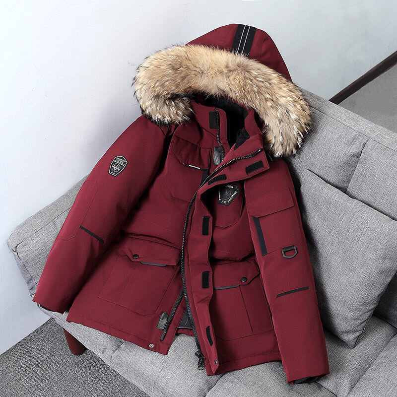 Tooling Style Men Jacket Hooded Fur Collar Casual Winter Thicken Korean Fashion Down Coat Multi-pocket Mid-length Outerwerar New