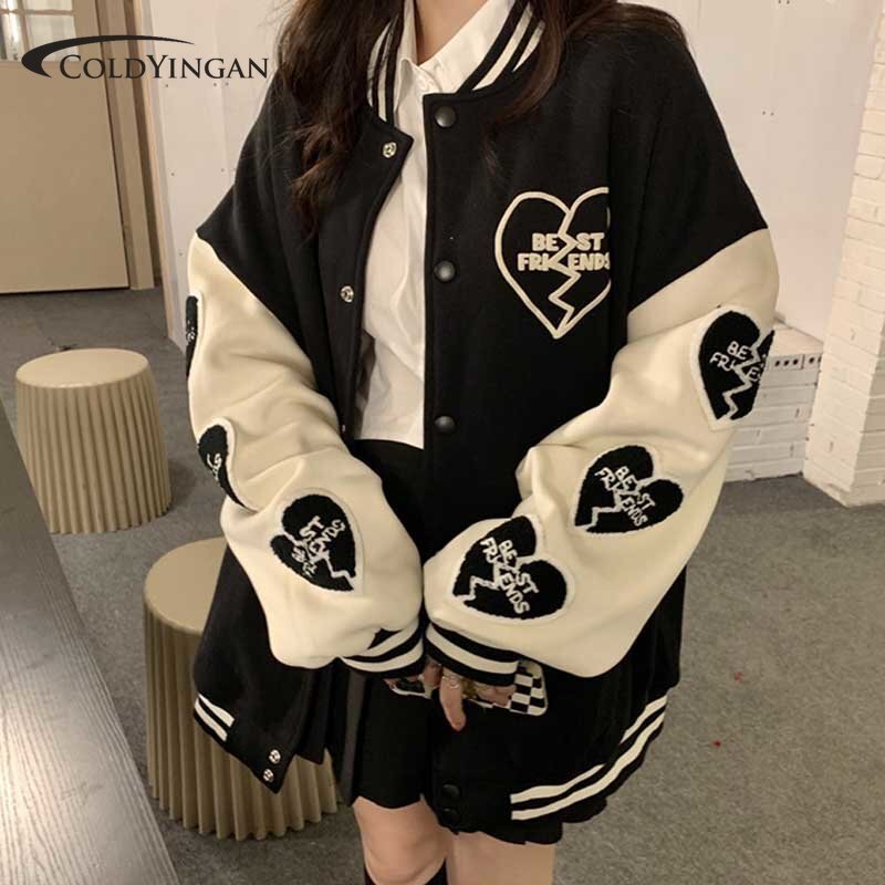 Jaqueta de beisebol feminina hip-hop streetwear cor preto vintage amor impresso casaco de beisebol feminino casaco de lã grossa bombardeiro