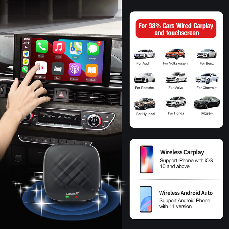 CarlinKit-스마트 무선 안드로이드 오토 & 카플레이 Ai 박스 TV 박스 4 + 64G 퀄컴 8 코어 GPS 지원 유튜브 넷플릭스, 포드 VW 기아용