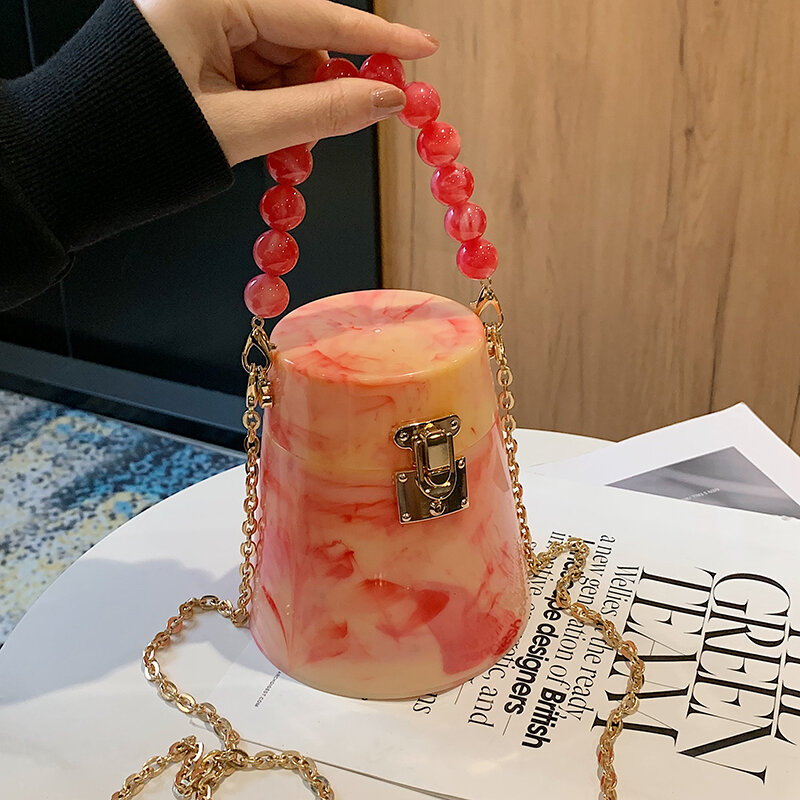 Hard Shell Women's Bucket Bag 2022 Trend Acrylic Candy Bead Chain Shoulder Bag Fashion Multicolored Party Purses and Handbags
