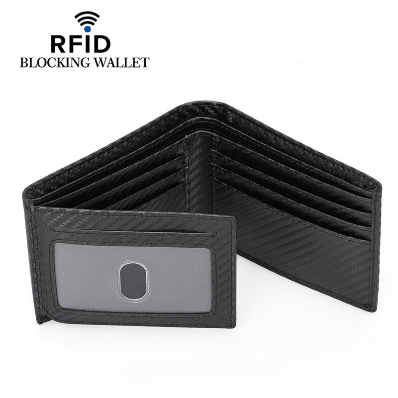 Fashion Carbon Fiber Pattern Leather Men's Trifold Wallet With RFID Blocking Credit ID Card Holder