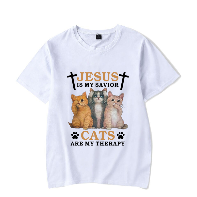 Jezus jest moim zbawicielem koty są moją terapią drukuj męskie t-shirty odzież ponadgabarytowych T Shirt Anime Manga Tshirt koszulki Vetement Homme