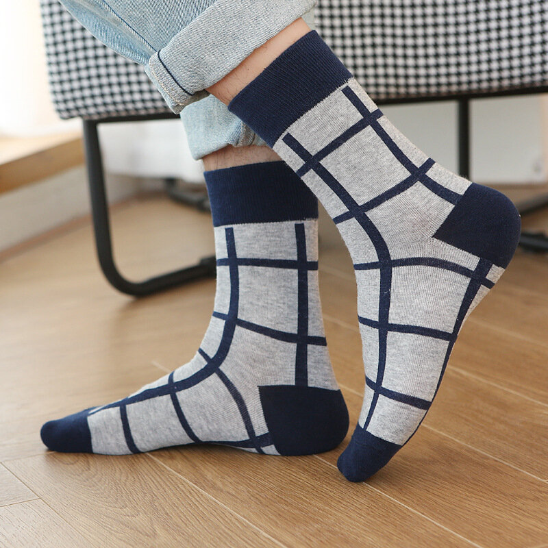 5 pares outono e inverno masculino meias xadrez no tubo maré meias moda espessamento quente meias esportivas de alta qualidade