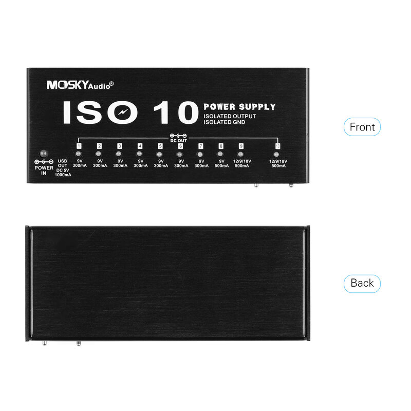 MOSKY ISO-10แบบพกพากีตาร์พาวเวอร์ซัพพลาย10เอาท์พุท DC Isolated & USB 5V เอาต์พุต9V 12V