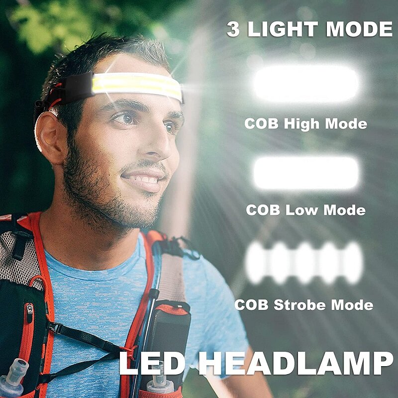 Super Bright COB LED Headlamp 210 Degree Wide Range Work Light USB Rechargeable Camping Hadlights Waterproof Outdoor Headlight