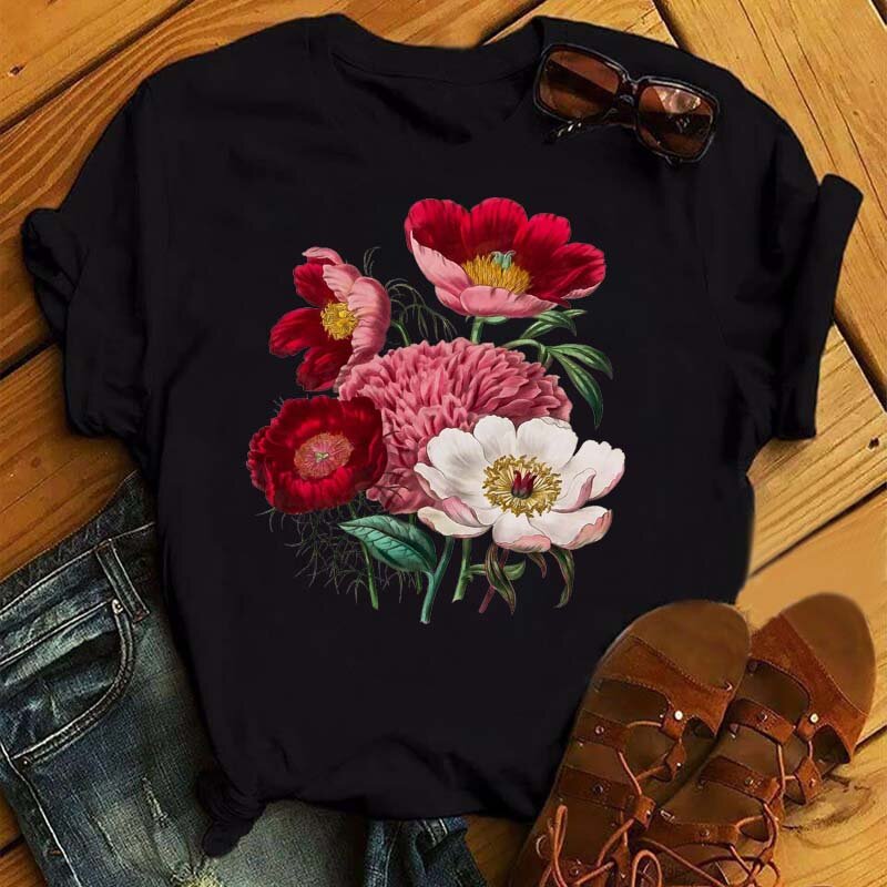 Женская футболка, модная женская одежда с цветочным принтом, женская футболка в стиле Харадзюку, женские футболки с коротким рукавом и граф...