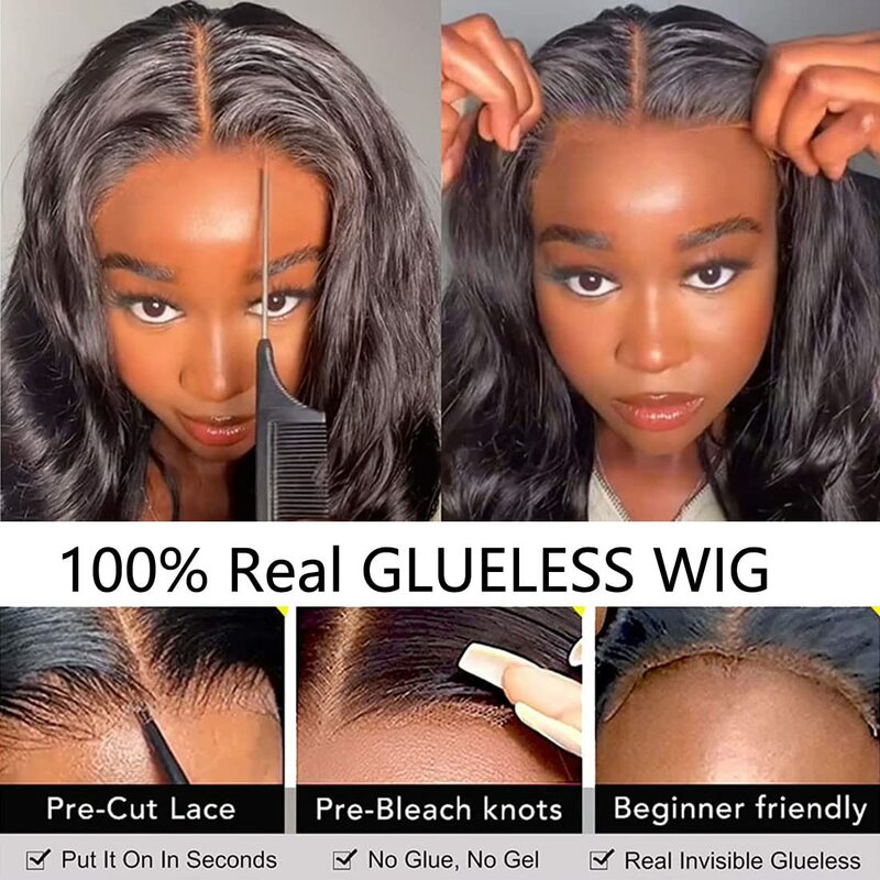 Peruca de cabelo humano Glueless Body Wave para mulheres, perucas frontais de renda transparente, pré-arrancadas, pré-cortadas, prontas para usar, fechamento, 5x5, 4x6