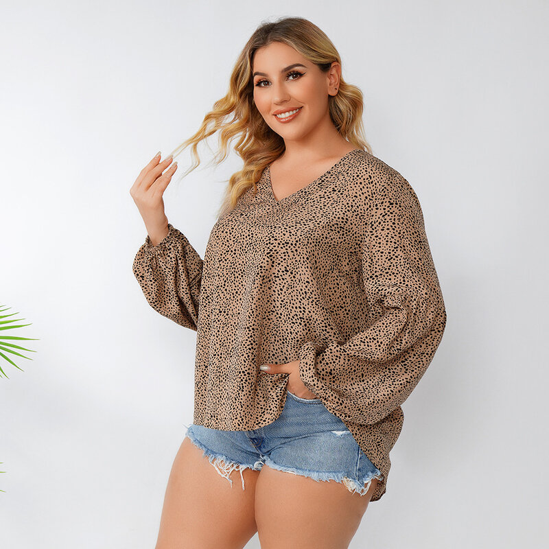 Ropa de talla grande para mujer, top de manga larga con cuello en V, punto de onda, linterna