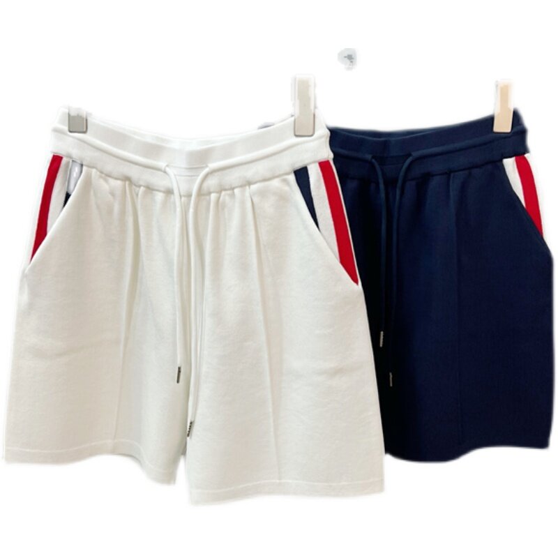 Verão tb college estilo vermelho, branco e azul fita casual shorts de linho de gelo malha esportes solto all-match calças quentes