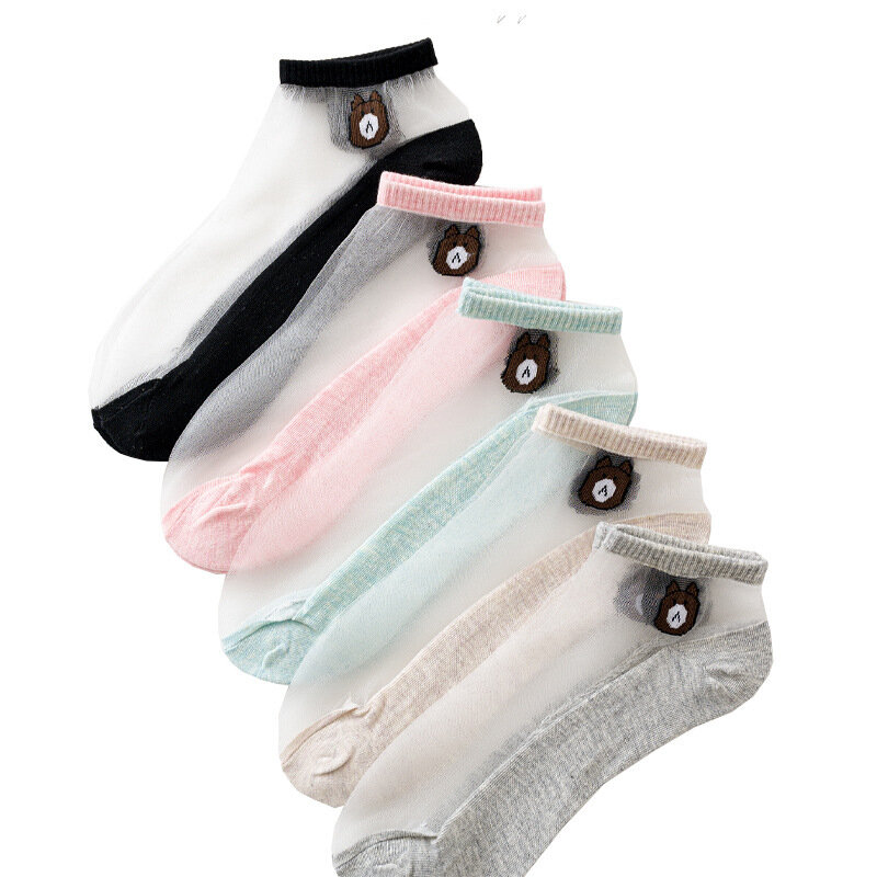 2 paires de chaussettes pour femmes, chaussettes d'été colorées, ours, sans spectacle, en soie douce, fine, transparente, kawaii, pour filles
