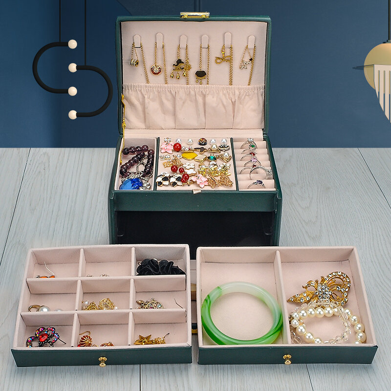 Cajas de joyería de gran capacidad con cerradura de cuero de tres capas, caja organizadora de joyas, collar, pendientes, caja de almacenamiento de Porta anillos