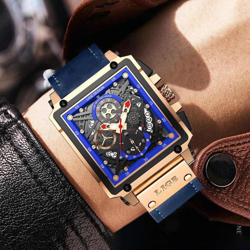 Lige relógio masculino marca de luxo esportes quartzo dos homens relógios de couro à prova dwaterproof água cronógrafo relógio pulso relogio masculino