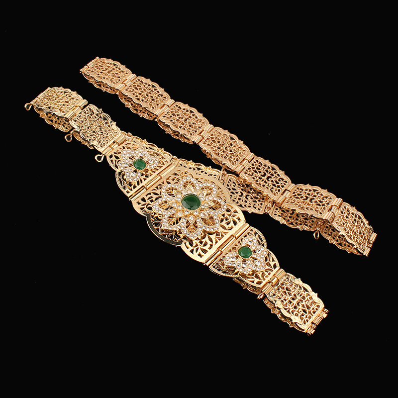 Conjunto de joyería de boda argelina, caftán marroquí, cinturón de boda, brazalete de Color dorado, tocado de novia árabe musulmán, cadena para la cabeza