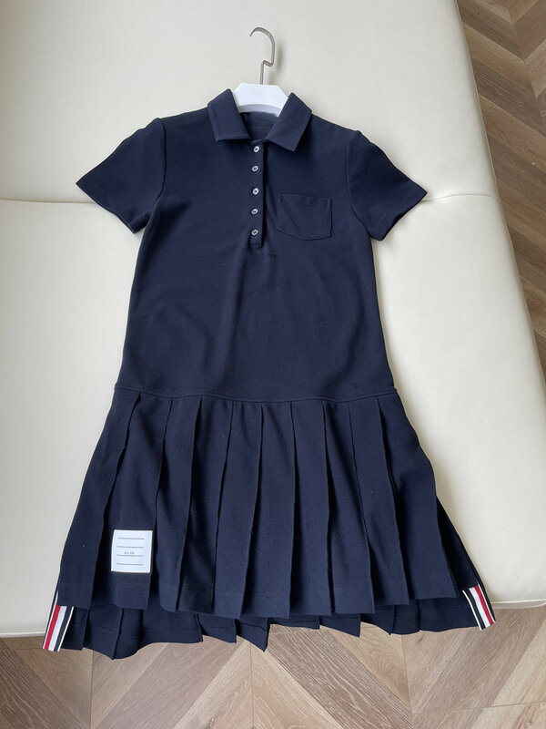 TB summer new trendy brand drape cotton piqué breathable dry and washable Polo pleated dress