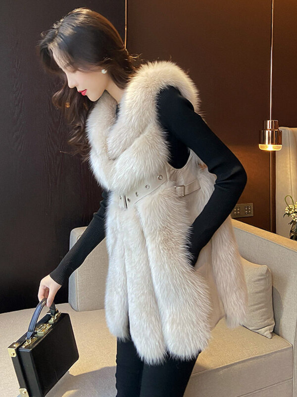 Женская меховая куртка средней и длины, повседневное модное пушистое пальто из искусственной кожи, жилет, зимняя одежда с V-образным вырезом...