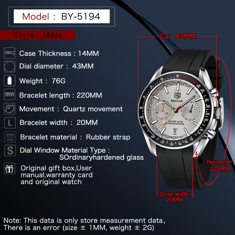 2022 novo relógio de lua benyar para homens cronógrafo de quartzo de luxo homens relógios esportivos reloj hombre luminoso automático à prova d'água