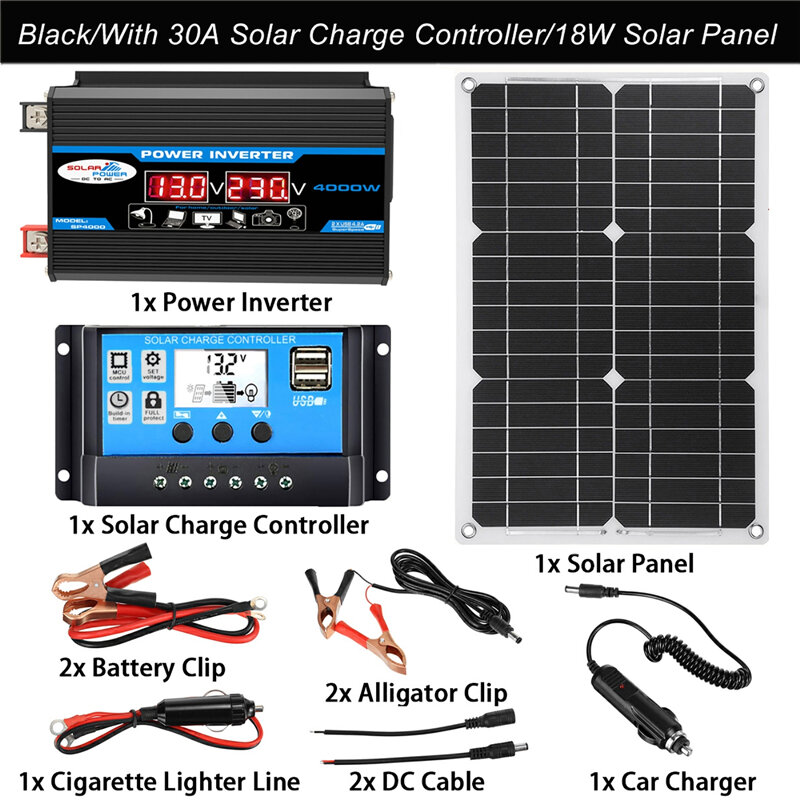 2023 110V/220V Solar Panel System 18V18W Solar Panel 30A Charge Controller 4000W Car Solar Inverter Kit Complete Power