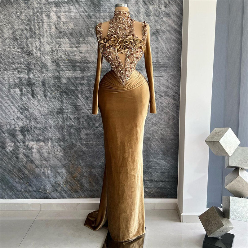 Champagne Glitter Mermaid Evening Dresses High Neck Sequins Long Sleeves Ruches Prom Dress Velvet Sparkly Bodycon Party Gowns