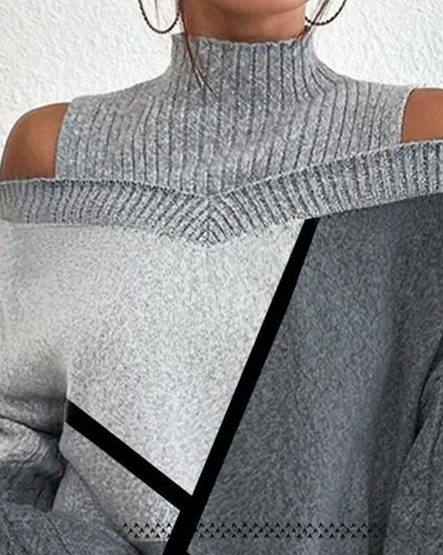 Sweter lengan lentera bahu dingin pola Geo Sweatshirt pullover kasual hitam lengan panjang untuk wanita