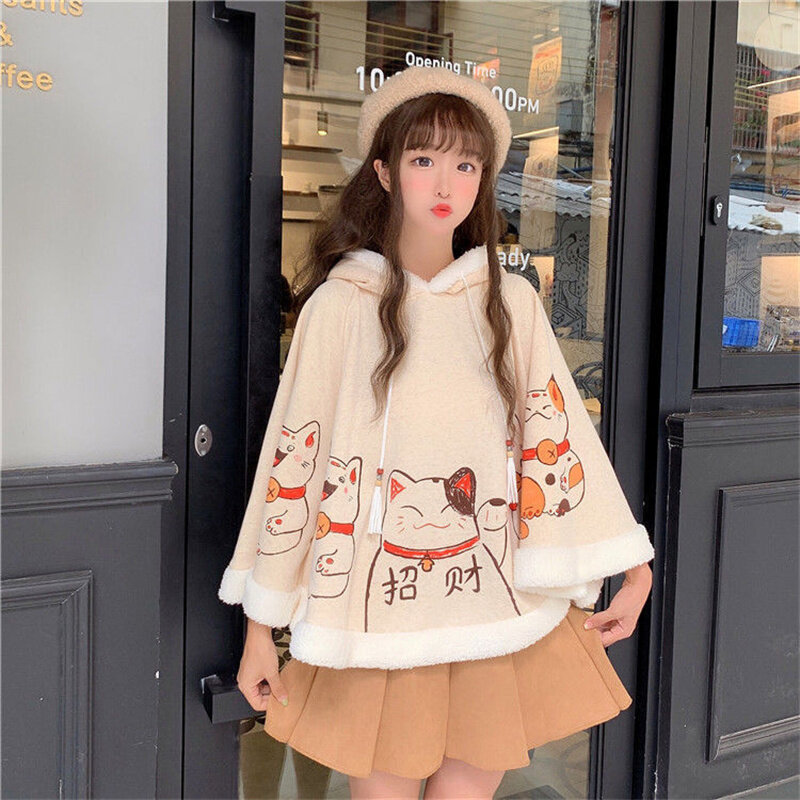 Winter Women Cute Cat Ears Harajuku Sweet Plus Velvet Thick Student Lolita Korean Japanese Soft Egirl Warm Cloak Shawl Clothes