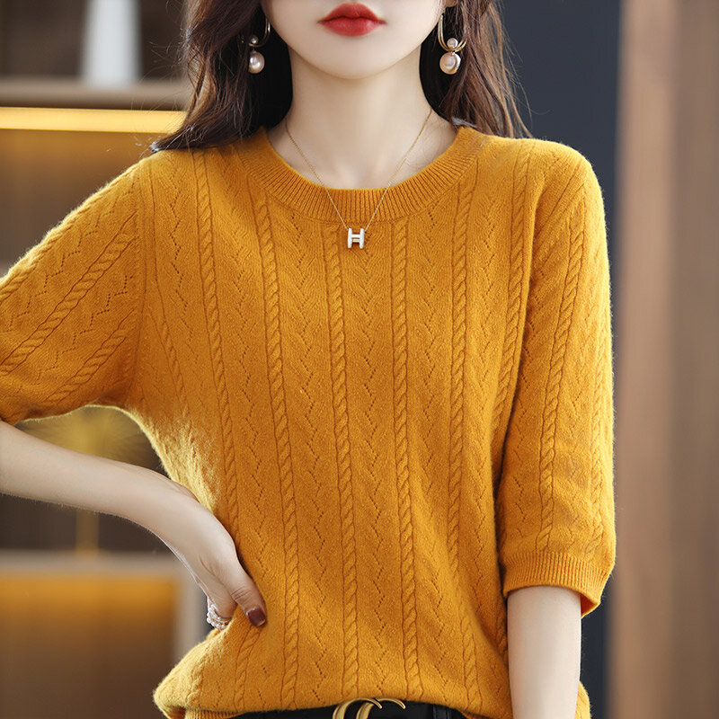 Suéter de lana pura para mujer, Camiseta de cuello redondo, jersey de media manga, suéter de punto suelto hueco a la moda, 022, primavera y otoño