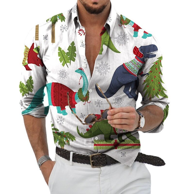 Camisa hawaiana con estampado 3d de Papá Noel para hombre, camisetas de manga completa para vacaciones y playa, blusa de gran tamaño para primavera