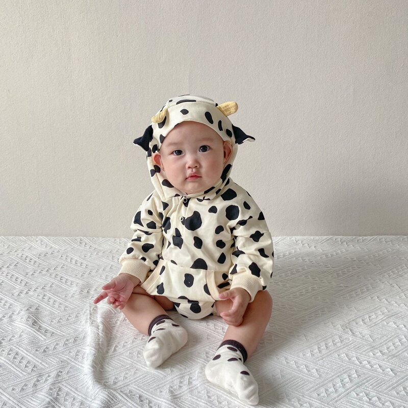 2022 Autumn New Baby Unisesx Cow Design Bodysuits Toddler Boys Hoodies Girls Cute Cotton Loose One Piece Clothes