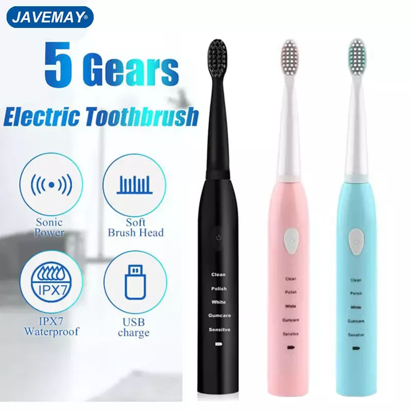 Cepillo de dientes eléctrico supersónico para adultos y niños, cepillo de dientes eléctrico con temporizador inteligente, resistente al agua IPX7, carga USB, cabezal reemplazable, J110, 2022